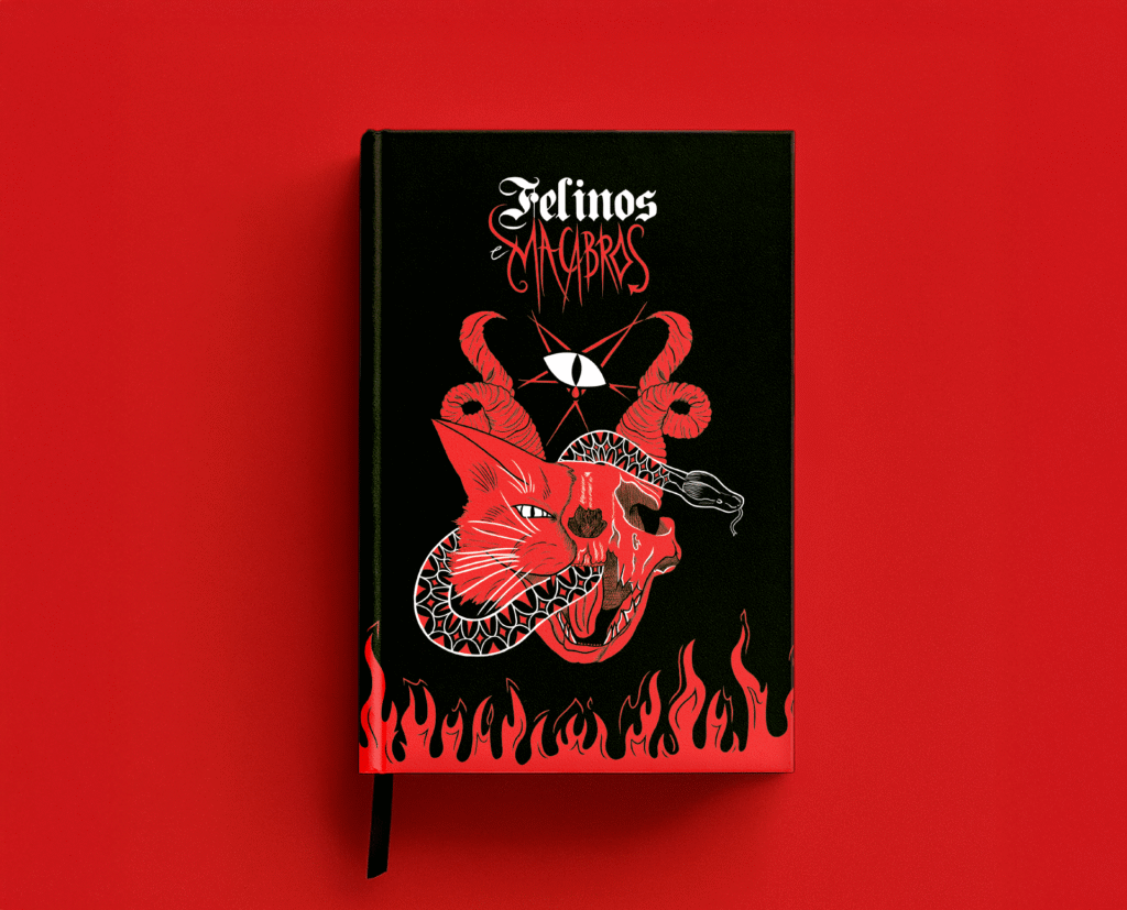 Capa do livro Felinos e Macabros com crânio de gato, chifres, serpente e chamas vermelhas