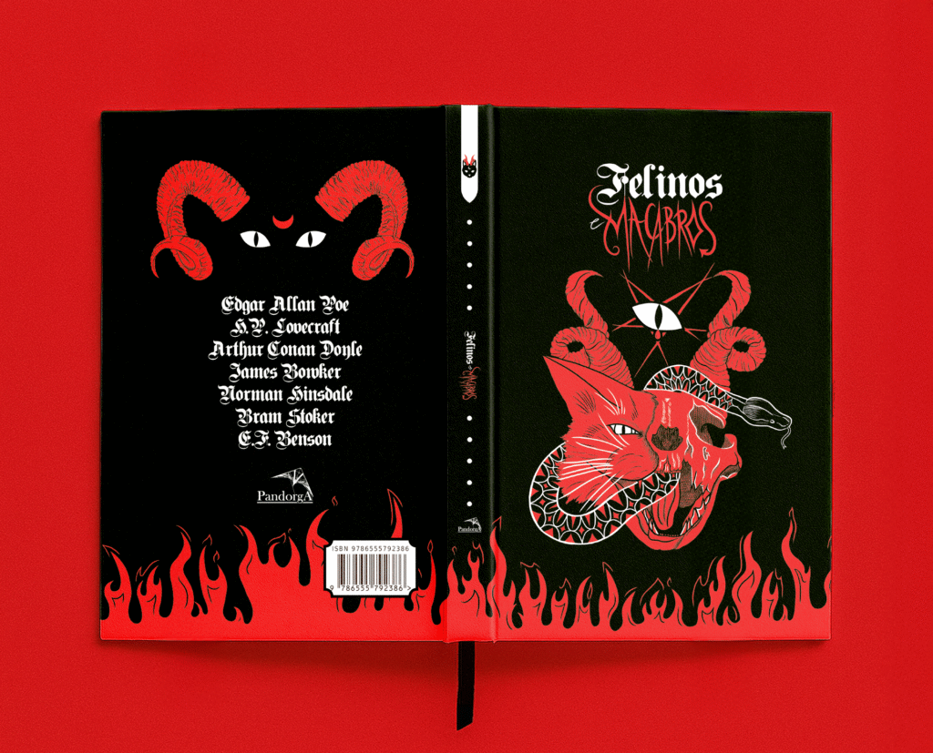 Capa e quarta capa de Felinos e Macabros com a lista de autores da antologia