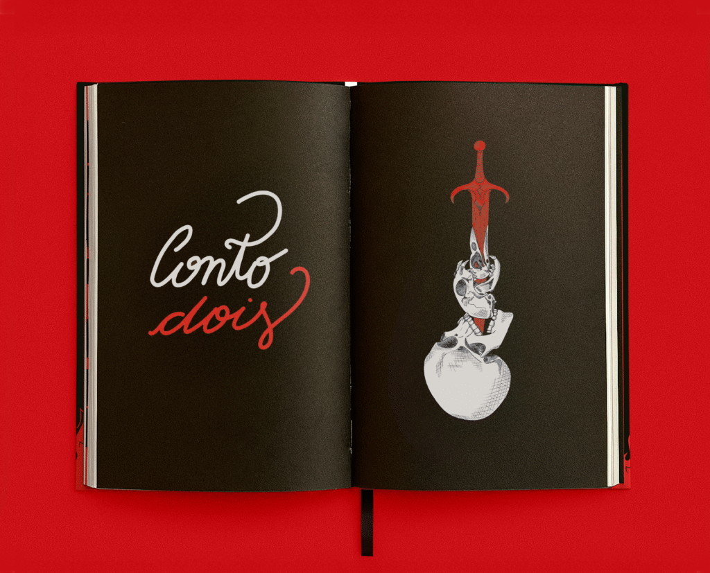 Abertura de conto com lettering "Conto dois" e ilustração de caveira com adaga