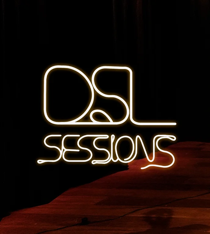 Logotipo DSL Sessions em traço contínuo com efeito de neon sobre fundo escuro