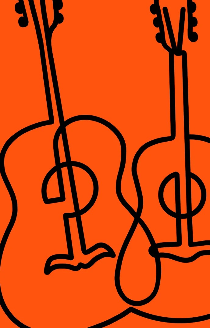 Ilustração em linha preta de dois violões sobre fundo laranja
