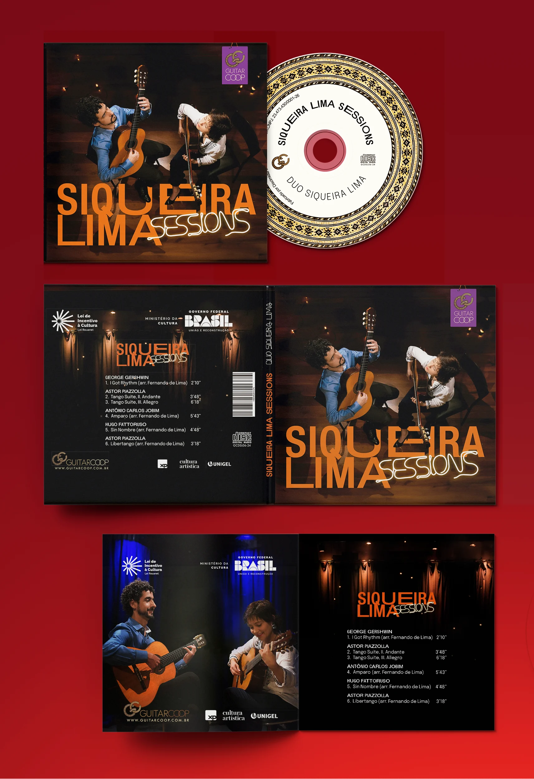 Identidade visual para álbum Siqueira Lima Sessions: capa, encarte e rótulo do CD