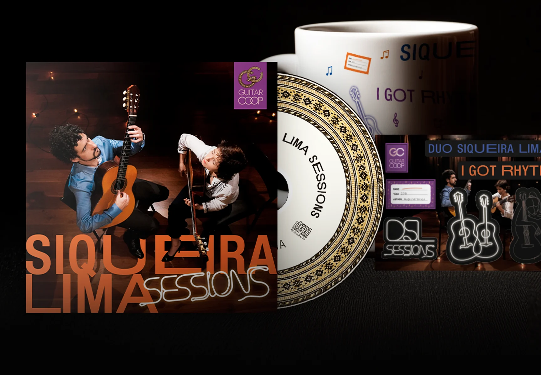 Caneca e CD do álbum Siqueira Lima Sessions com selo da GuitarCoop