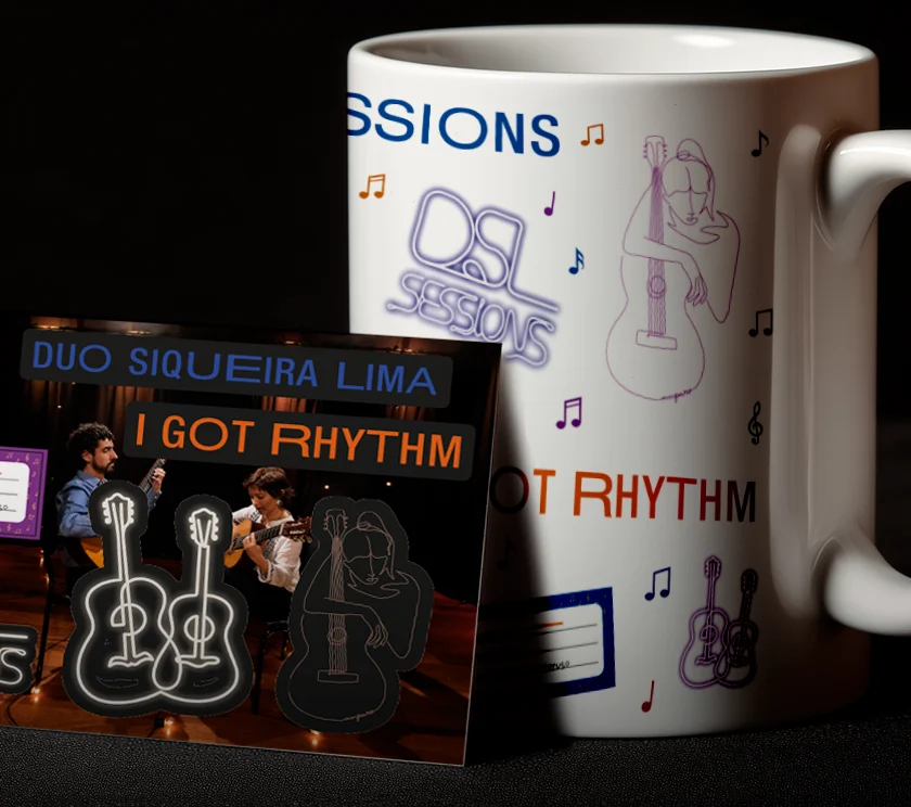 Caneca e capa do single I Got Rhythm com ilustrações de violões em neon