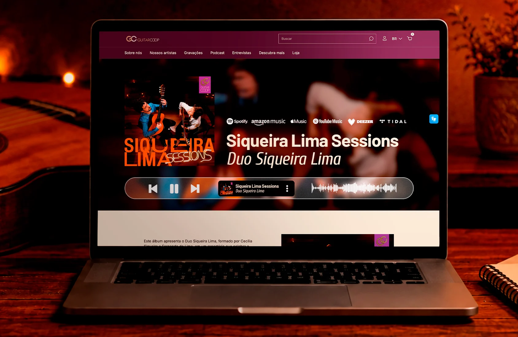 Página do álbum Siqueira Lima Sessions em site com player e links de streaming